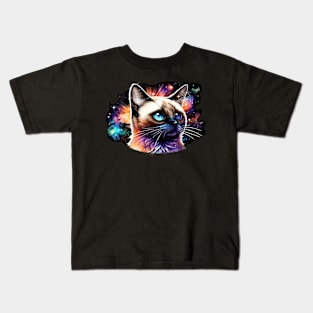 Siamese Cat With Galaxy Background Kids T-Shirt